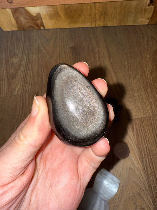 Imperfect Silver Sheen Obsidian Teardrop Palm Stone