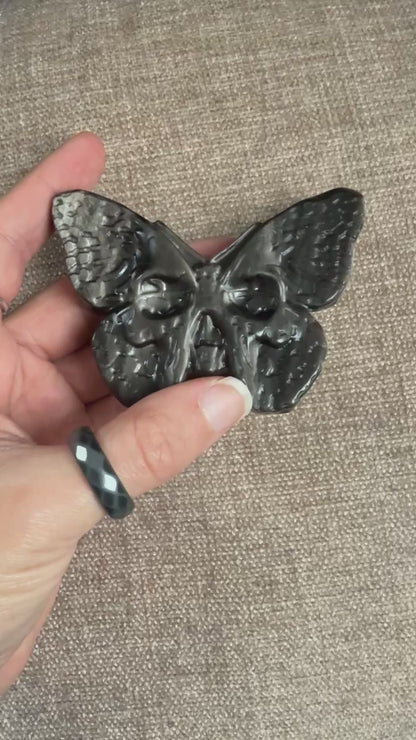 Obsidian Skull Butterfly Crystal Carving 74-80g